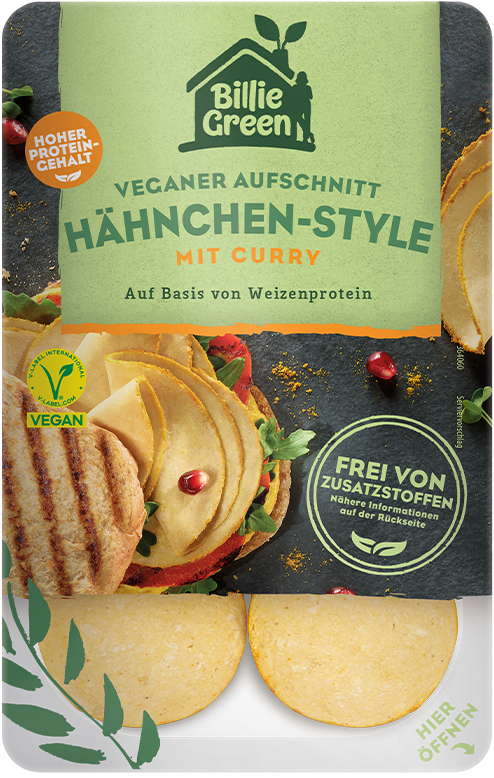 Produktabbildung vegane Hähnchenbrust Hähnchen-Style mit Curry von Billie Green